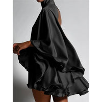 Women Sexy Backless Mini Dress High Neck Flared Sleeves above Knee Ruffled Pleated Dresses Female Black White Solid Color Dress