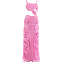 Sweet Ruched 2 Piece Set Woman Low-Neck Backless Camisole Tops+Elastic Waist Long Skirts Midnight Elegant Party Outfits