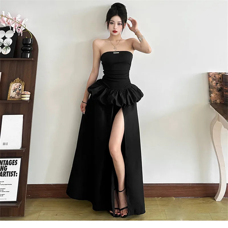 Strapless Hepburn Style Elegant All Black Long Evening Party Dress New Summer Slash Neck Fake 2 Pieces High Split Cocktail Dress