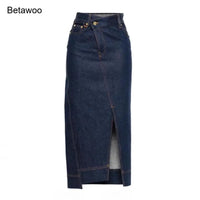 Women Dark Denim Midi Skirt High Waist Asymmetrical Wrap with Slit Casual Elegant Jean Skirt