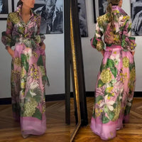 Elegant Floral Print Dress 2 Piece Skirt Suits Women Summer Long Sleeve Shirts Blouse Flower Dress Outfits Beach Holiday Dresses