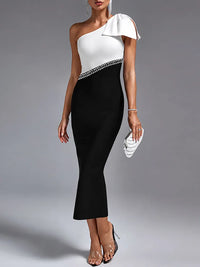 Elegant Slant Neck off Shoulder Dress Trendy Color Blocking Backless Evening Dress Sexy Hot Diamond Split Sleeveless Waist Dress