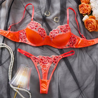 Elegant Lingerie Set Luxury Embroidery Satin Underwear Mesh Splicing Sexy Women'S Lingerie Orange Ultrathin Comfort Bralette Set