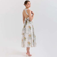 Floral Print Pleatred A-Line Midi Long Dress Women Halter 2026 Summer Dress Backless Nightclub Sexy Party Dresses