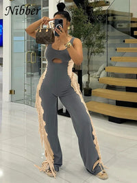 Chic Side Tassel Jumpsuit Women Sexy Hollow Contrast Stretch Summer Fit Sleeveless Elastic Workout Long Overalls