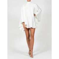 Women Sexy Backless Mini Dress High Neck Flared Sleeves above Knee Ruffled Pleated Dresses Female Black White Solid Color Dress