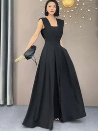 2022 Summer Black Suit Women'S Summer Thin Fashion V-Neck Sleeveless Waist Solid Wide Leg Jumpsuit