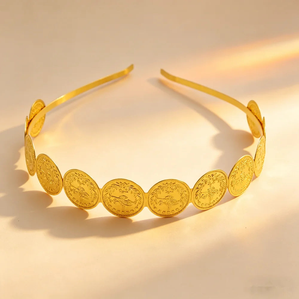 Vintage Golden Coin Headband for Women Engraved Coin Hair Hoop Arabic Ethnic Style Hair Accessory for Wedding Party