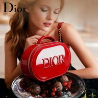 ’S Bag Luxury Glossy Bright Red Oval Handheld Makeup Organizer Pouch Patent Leather Embossed Logo Waterproof Travel Cos