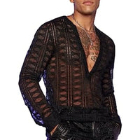 Men'S Mesh See through Mesh Sexy V Neck Shirt Long Sleeve Fishnet Hollow Out Vintage Streetwear Party Clothing S-2XL