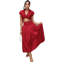 Elegant Women'S Clothing with High-End Pleated Design, A-Line Skirt Set V-Neck Short-Sleeve, Light Luxury New Two-Piece Set