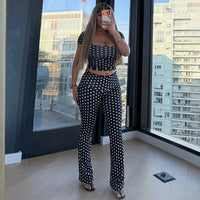 Sexy Spicy Girl Polka Dot Print Headband Short Sleeved Low Neck Top with Micro Flared Pants Three Piece Set