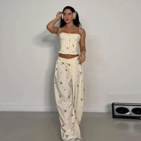 Sexy Women'S Sling Set Hollow Out Lace up Corset Wide Leg Pants Female Stripe Sets 2026 Summer High Street New Fashion Lady Suit