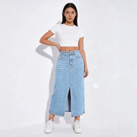 Women High Waist Light Blue Washed Denim Midi Skirt Front Slit Elastic Stretch Long Jean Skirt Casual