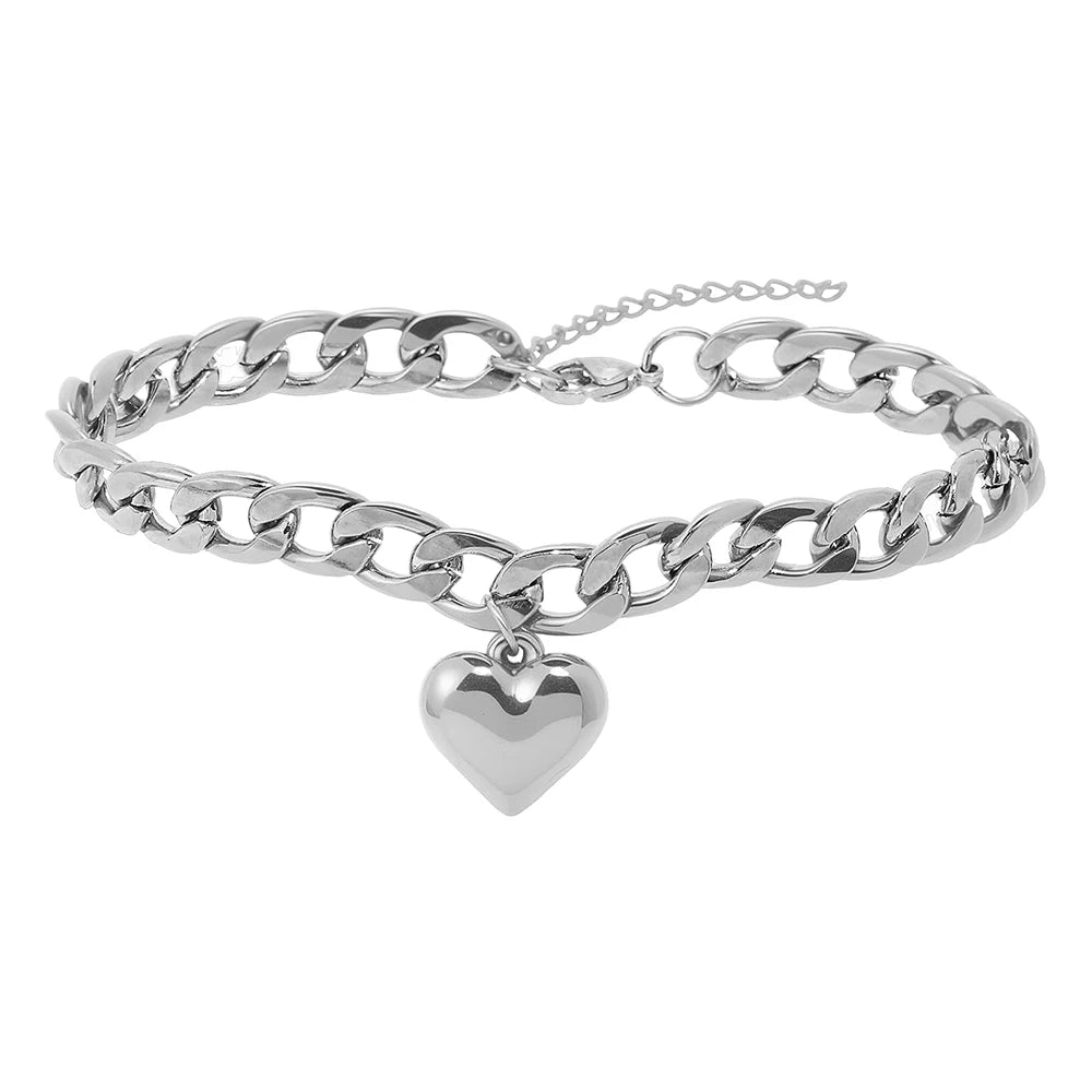 DGIDDK Stainless Steel Heart Pendant Ankle Chain for Women, Simple and Fashionable Cuban Chain, Summer Beach Ankle Jewellery