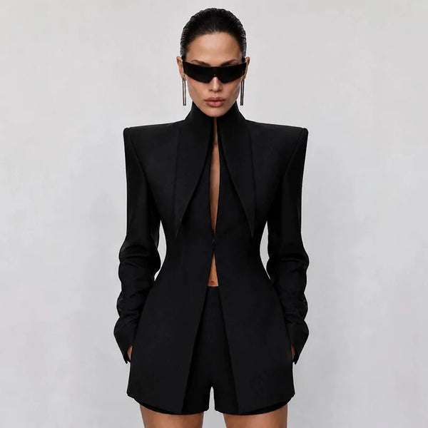 Elegant Blazer Women'S Top Shorts Suit Long Sleeve Stand Collar Solid Top Short Pants 2026 Summer Autumn Chic Female Outfits