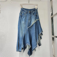 Summer New Style High-Waisted Design Stitching Irregular Washed Denim Long Skirt for Women