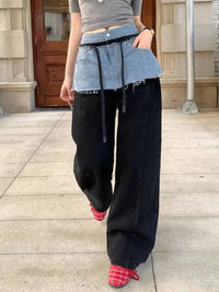 American Retro Contrasting Color Splicing High Waist and Wide Leg Jeans for Women 2026 Autumn New 05E02789