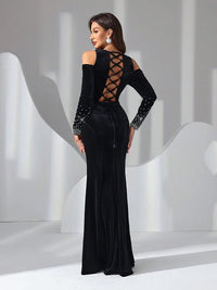 TOLEEN Women'S Elegant Velvet Dress with Bow Tie Backless Design 2024 New Luxury Diamond Formal Party Evening Prom Maxi Dresses