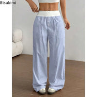 2026 Women'S Fashion Striped Wide-Leg Pants Elastic Waist Casual Daily Wear Stylish Soft Fabric Relaxed Fit Versatile Long Pants