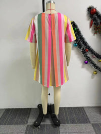 Dress Women Striped Print Short Sleeve round Neck Mini Dresses Casual Spliced Regular Vestido Pockets Basics Summer 2025