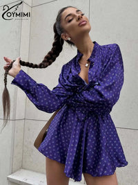 Oymimi Elegant White Print Sets for Women 2 Pieces Fashion Lapel Long Sleeve Button Shirts and High Waisted Side Slit Shorts Set
