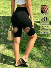 Women'S High Waist Heart Fishnet Hollow Out Shorts High Elastic Breathable Black Shorts for Daily Club