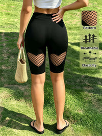 Women'S High Waist Heart Fishnet Hollow Out Shorts High Elastic Breathable Black Shorts for Daily Club