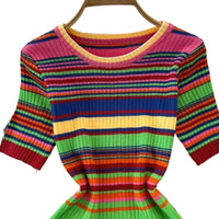 Women'S Rainbow Striped Crew Neck Sundress Short Sleeve Stretchy Knit Bodycon Maxi Dress Summer Daily Beach Vacation Party Dress