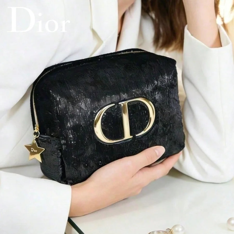 Christian  ’S Bag Vintage Luxury Black Velvet Women Purse Embossed Gold Logo Multi-Use Clutch Handbag Portable Cosmetic