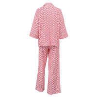 Casual Pink Print Sets Womens 2 Piece Fashion Loose Three Quarter Sleeve Pockets Shirts and Straight Trousers Female Sets