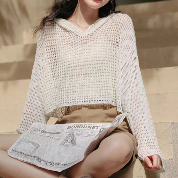 Pointelle Knit Hooded Sweater for Women Sheer Openwork Long Sleeve Boxy-Fit Pullover Crop Top Teen-Girl Spring Summer Y2K Outfit