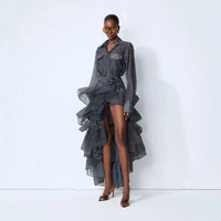 Casual Stripe Shirt Long Sleeve High Waist Tulle Hem Midi Skirt Set Women'S Fashion Holiday Style Two-Piece Suit Elegant Classy