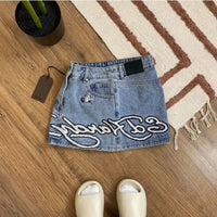 Y2K Street Vintage Is a Fashionable Short Skirt Harajuku Gothic Hip Hop Letter Print Vintage Blue Denim Skirt