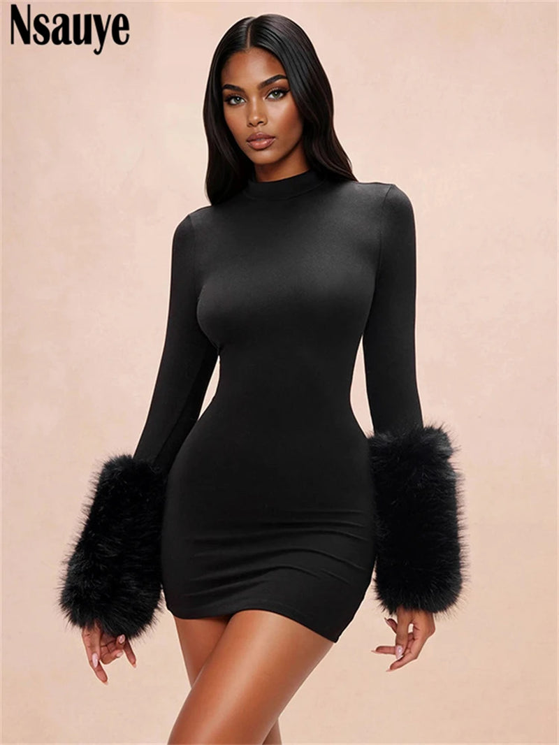 Faux Fur Long Sleeve Elegant New Fashion Casual Basic Pullover Black Dress Women Mini Sexy Club Evening Party Dress 20026