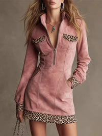 Fashion Retro Faux Suede Mini Dress Leopard Print Lapel Long Sleeve Zipper Dress Early Spring Bodycon Dresses with Pocket