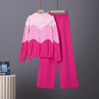 Women Knitted Pullove Two Piece Outfit Spliced Hooded Crop Top Elastic Waist Wide Leg Pants Casual Tracksuit Outfits Autumn