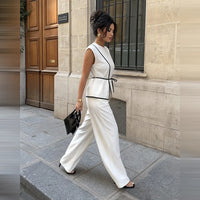 Women Matching Sets Summer Tie Waist Wide Leg Pants Suit Sleeveless Wrap Blazer Top Loose Straight Long Trousers Cozy Outfit