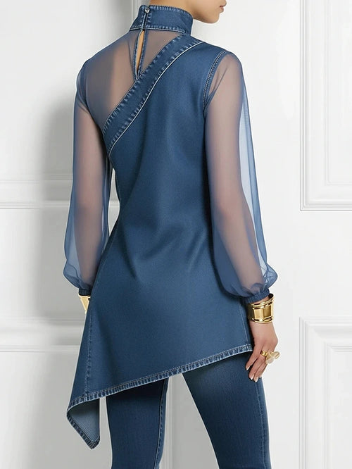 Women'S Asymmetric Imitation Denim Shirt Fashion Turtleneck Irregular Hem Gauze See through Puff Sleeve Loose Party Ladies Top