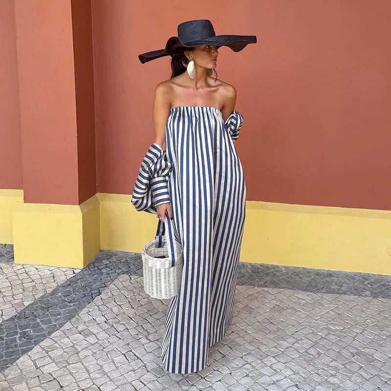 Elegant Stripe Long Dress Women Loose Full Sleeve off Shoulder Slash Neck Party Dresses Female 2026 Fashion Summer Robe