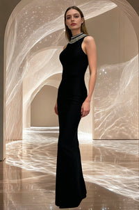 Sexy Backless Sparkling Diamond Sleeveless Midriff-Baring Black Dress Dlegant Fashionable Birthday Party Valentino Day Vestido