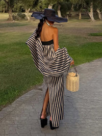 Elegant Stripe Long Dress Women Loose Full Sleeve off Shoulder Slash Neck Party Dresses Female 2026 Fashion Summer Robe