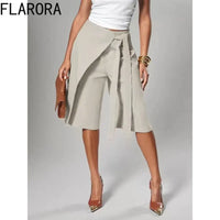 Fashion Irregular Overlay Patchwork Knee Length Pants Woman Solid Bandage Wide Leg Pants Office Lady Matching Bottoms