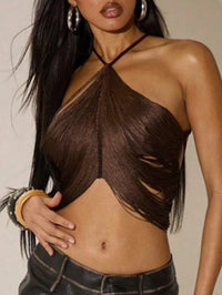Sexy Vintage Tassel Crop Top Women Summer See through Halter Tanks Top Club Party Tops for Woman Clothing Cropped Streetwear Hot
