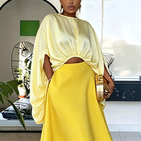 Women Satin Two Piece Outfit Set Batwing Sleeve Cutout Crop Top and Asymmetric Midi Skirt Pockets Elegant Matching Set