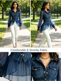 Denim and Mesh Patchwork Blouse with Waist-Cinching Ruffled Hem; Lapel-Collar, Double-Pocket, Puff-Sleeve Denim Shirt