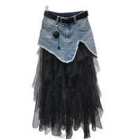 Denim Patchwork Mesh Skirt for Women Summer High Waist A-Line Midi Skirt Daily Streetwear Slim Fit A-Line Half Skirts