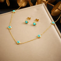 316L Stainless Steel Tree of Life Turquoise Golden Necklace Earrings for Womens 2024 New Party Gift Fashion Jewelry Set