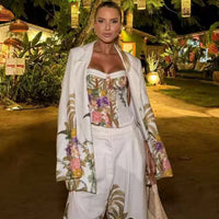 Elegant Floral Print Pants Set for Women Fashion Oversized Blazer + Corset Crop Top + Wide-Leg Pants Lady 2026 New Chic Outfits