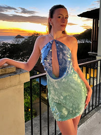 Sexy Sequin Shiny Mini Dress Women Luxury Blue Green Patchwork Halter Backless Short Dresses Evening Party Bright Dresses Beach
